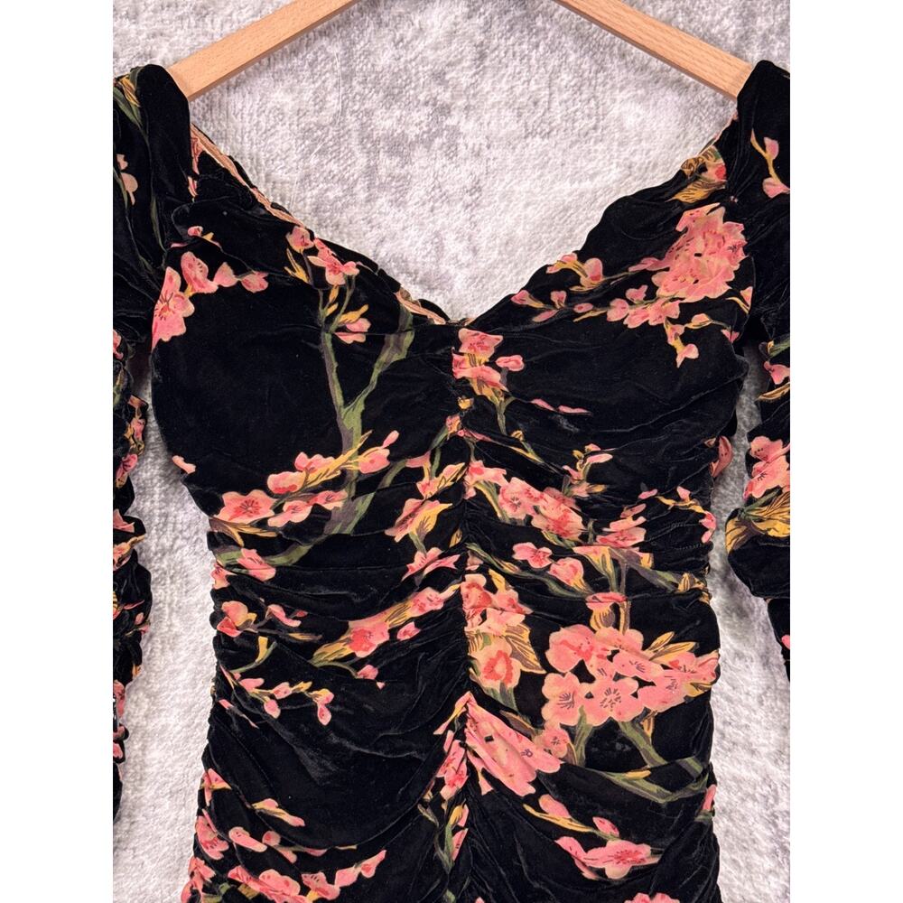 House Of CB Dress Small Womens Black Floral Velvet Ruched Mini Cocktail - Picture 2 of 9